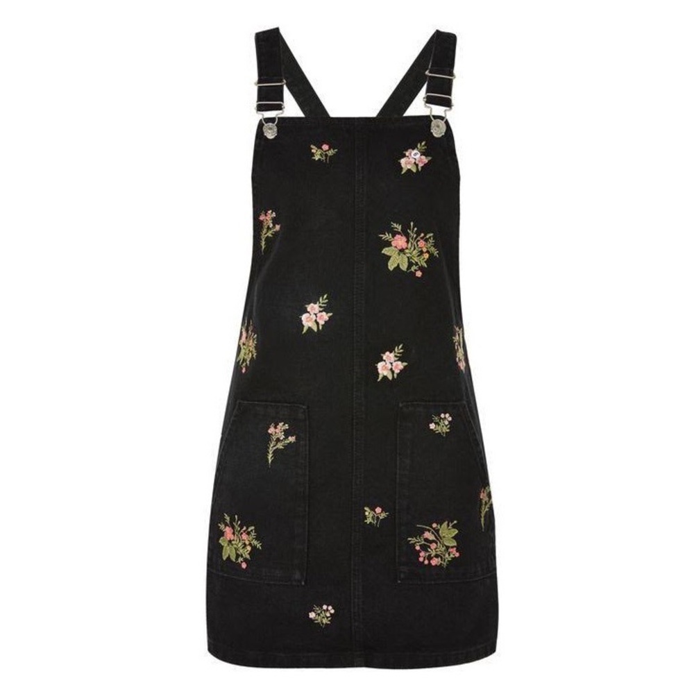 Topshop Petite MOTO Black Velvet Embroidered Pinafore Dress